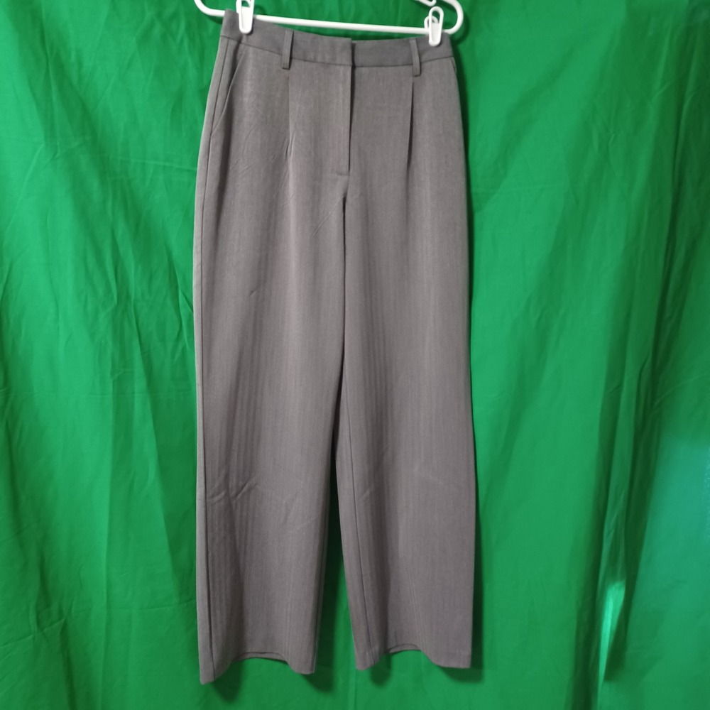 NA-KD Grey Herringbone Heavy High Waist Suit Pants Wide Pleated Trousers 28x30.5